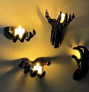 Realistic Creepy Hands Wall Decor: Lighted Candles Halloween Horror 4 Pc Black
